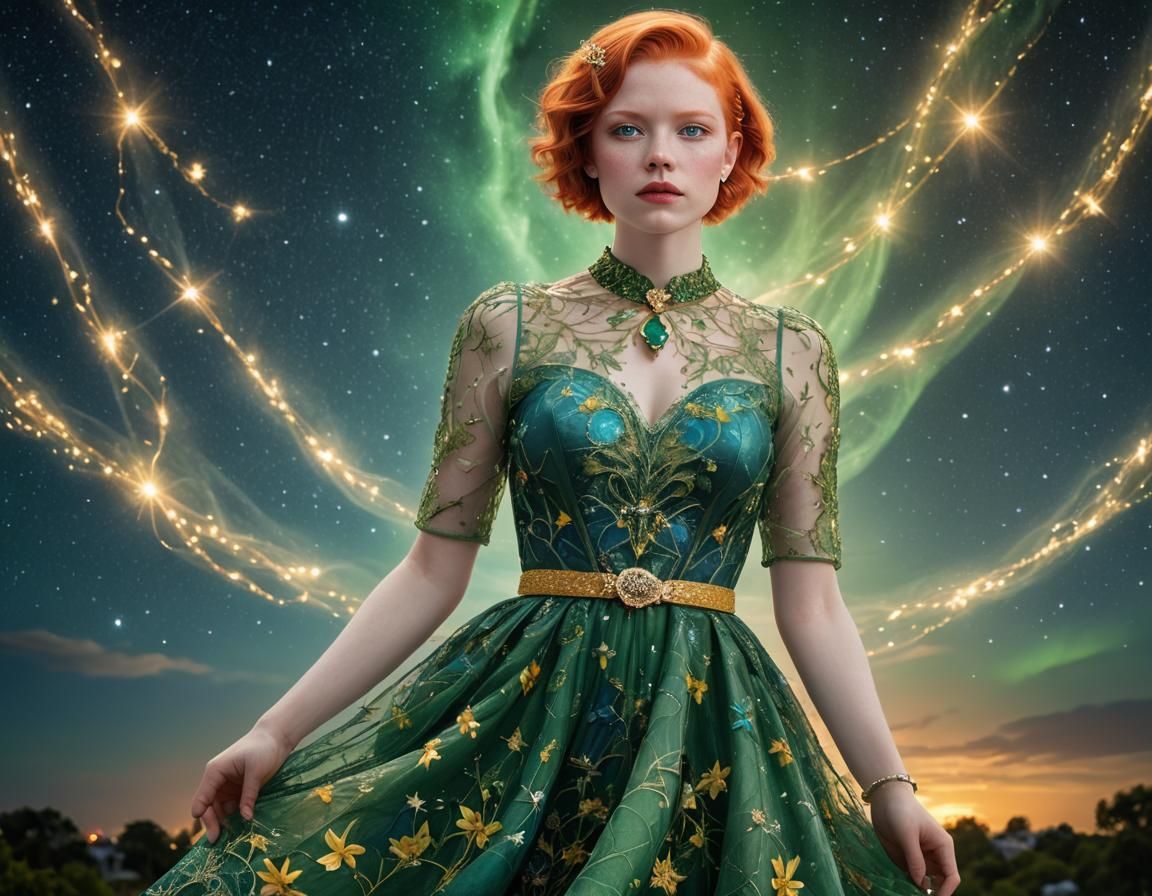 Albino Woman in Glass Dress Against Night Sky