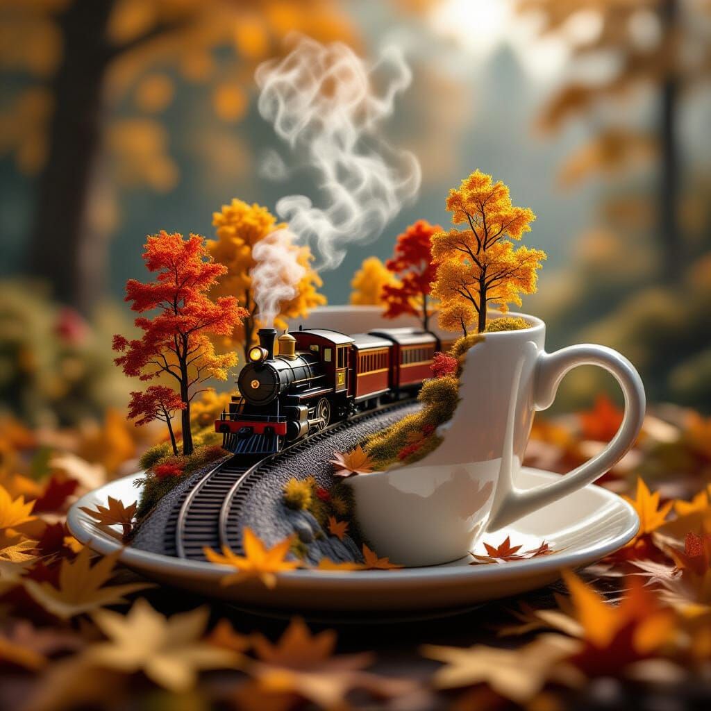 Miniature Autumn World Inside a Steaming Mug, Photorealistic