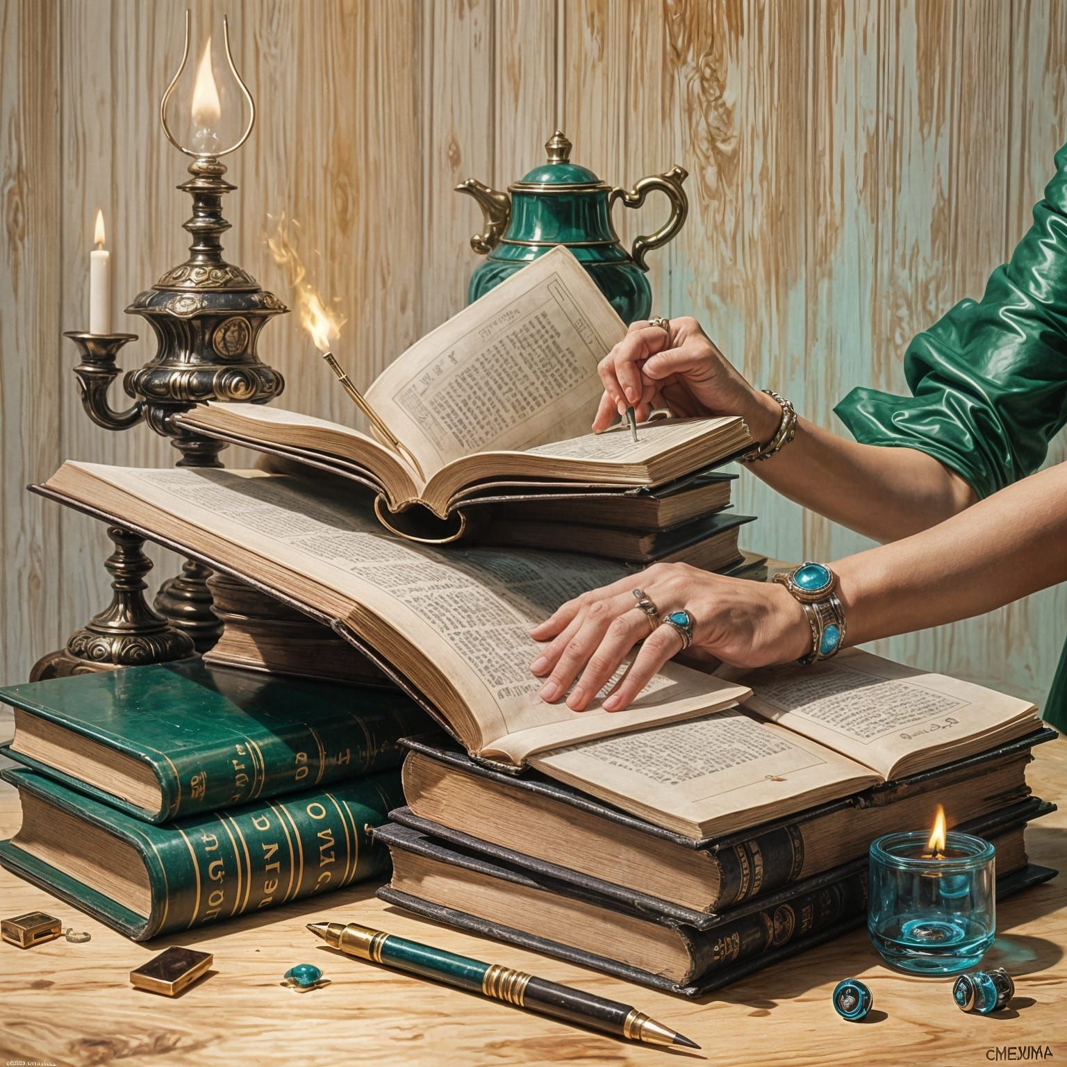 Surreal Dark Academia Scene with Infinite Resources