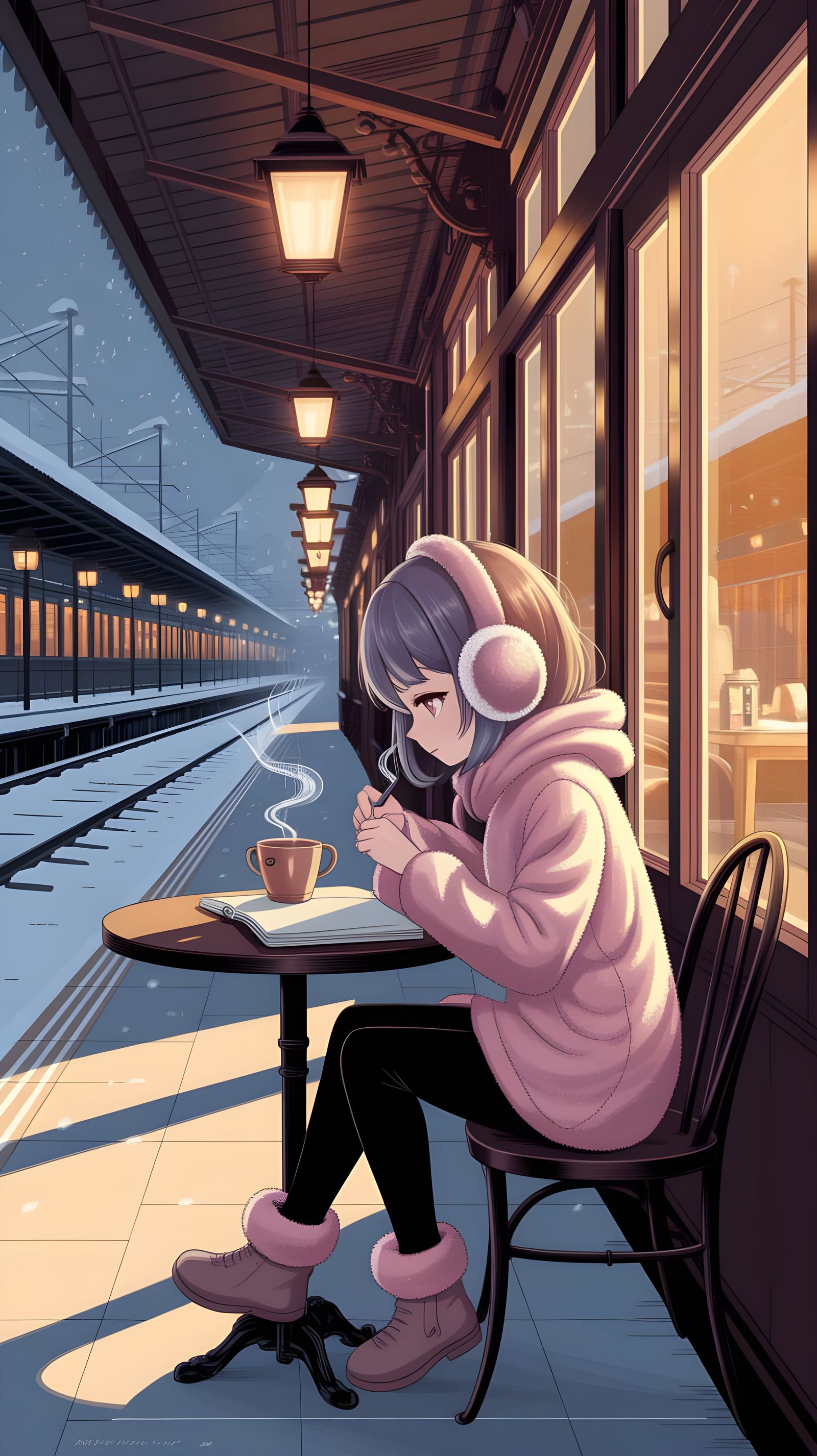 Cozy Anime Train Station Cafe at Dusk