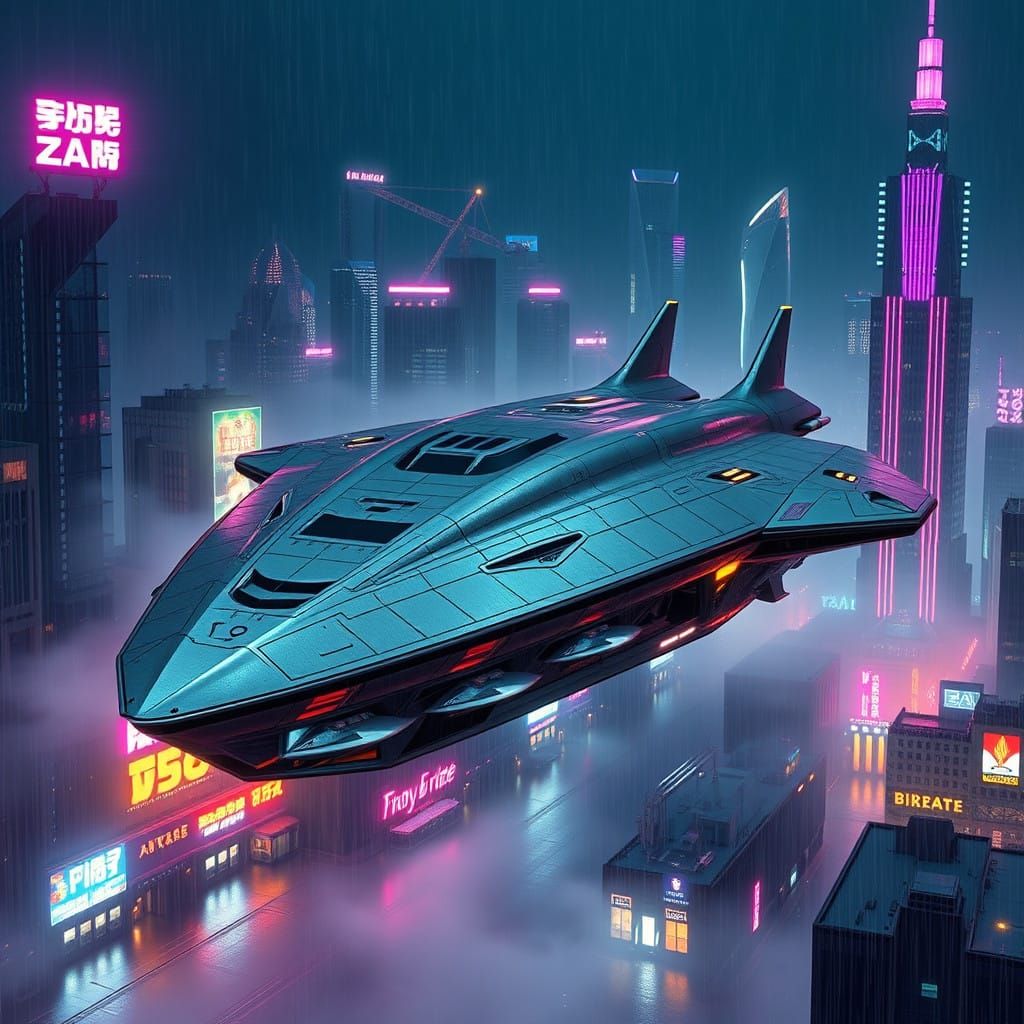 Gargantuan Futuristic Flying Craft Dominates Dark Cityscape