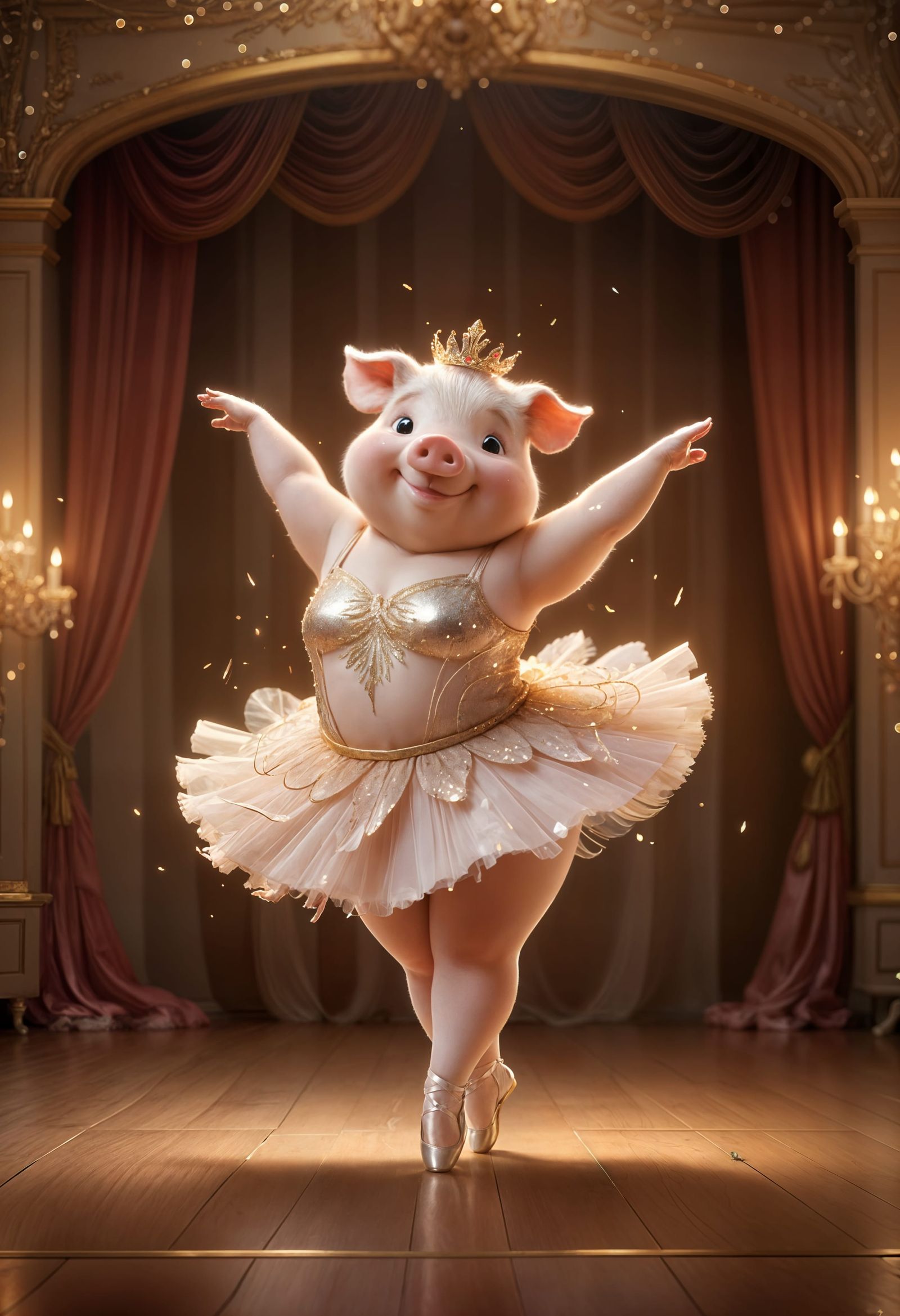 Charming Pig Ballerina on Vintage Theater Stage
