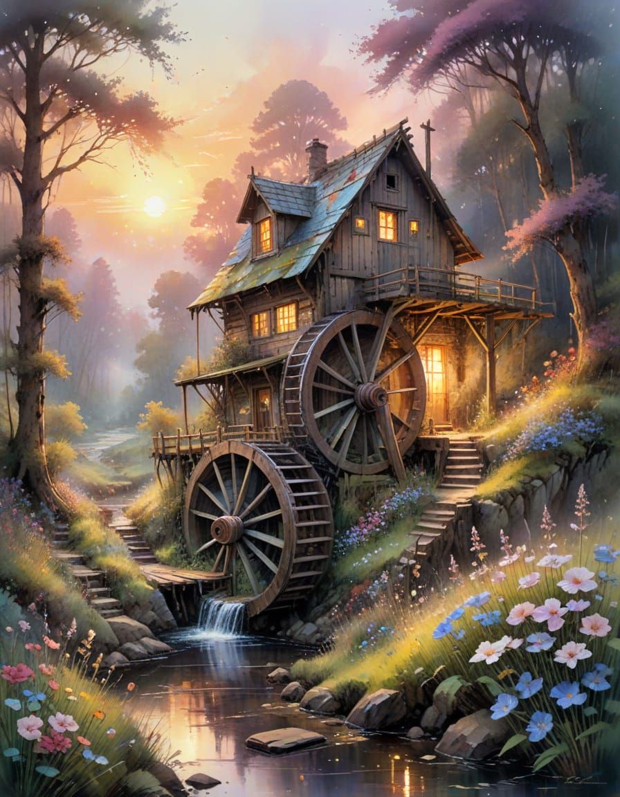 Rustic Waterwheel Cabin Scene in Watercolor Style