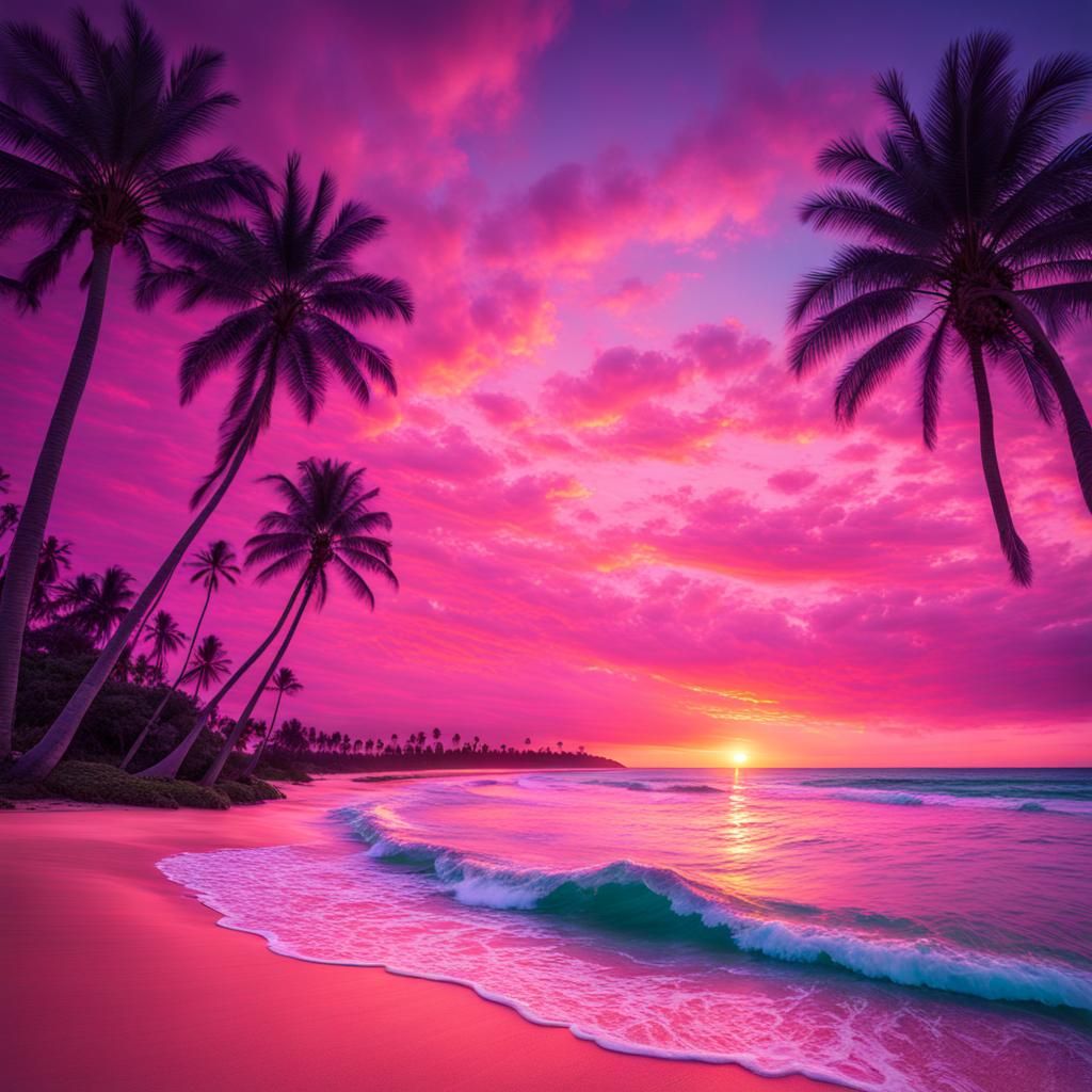 Tropical Beach Sunset with Palm Trees in HDR