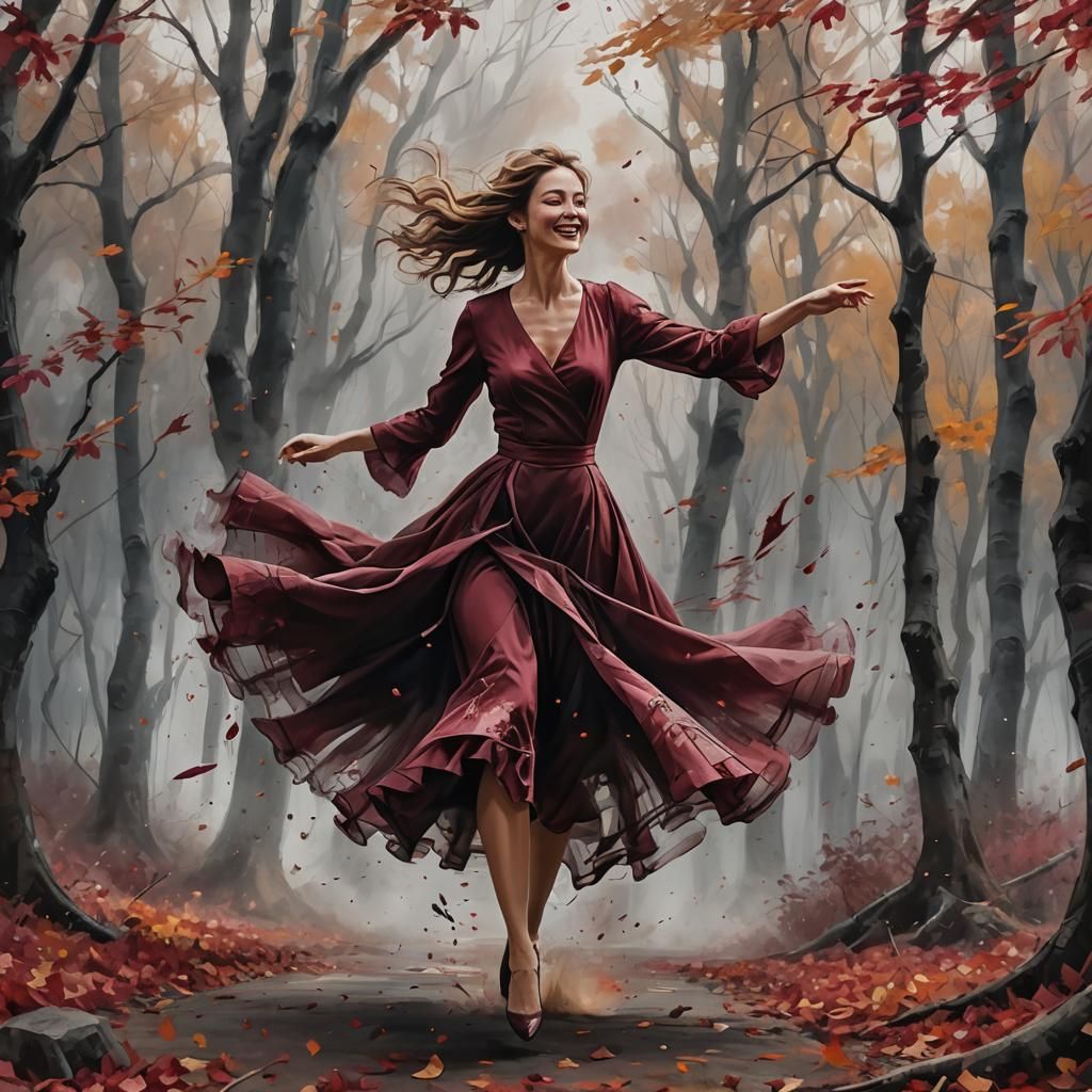 Woman Dancing in Autumn Woods, Ink and Charcoal