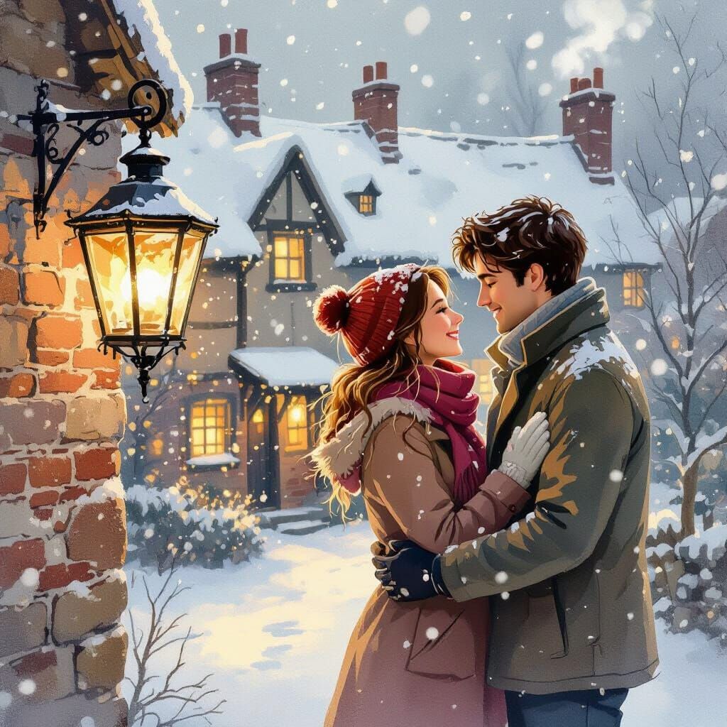 Young Couple Gazing in Falling Snow by Tavern Light