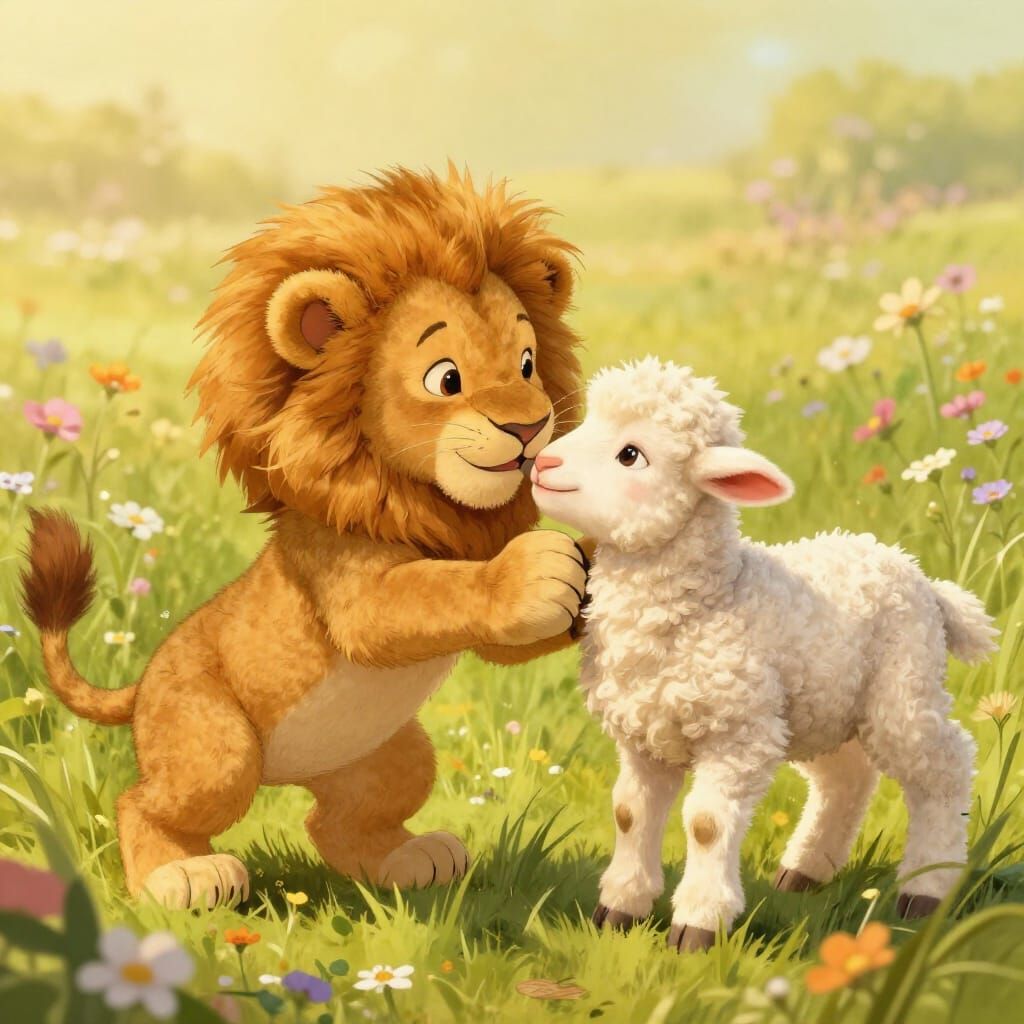 Lion Cub and Lamb in Sun-Drenched Meadow
