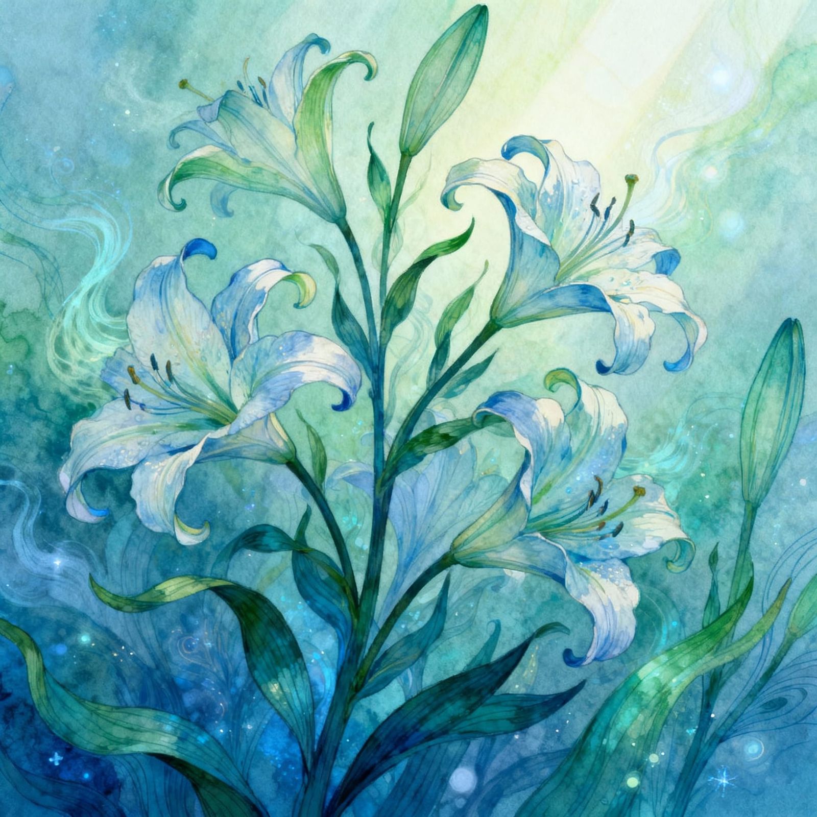 Whimsical Blue and Green Lily Flowers in Dreamy Style