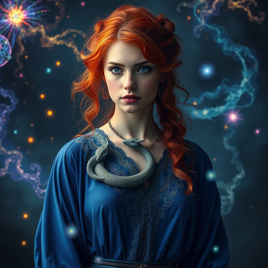 Enchantress in Mystical Forest with Serpent Staff