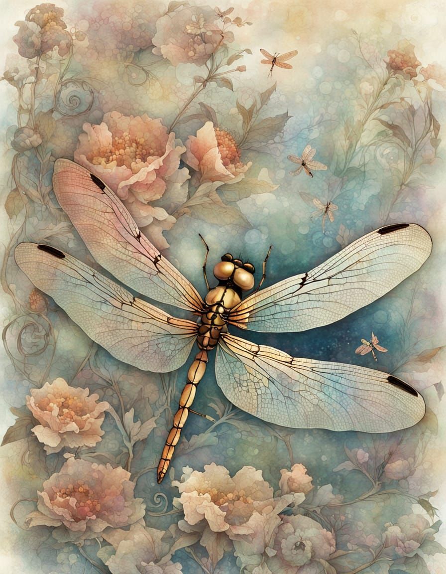 Ethereal Dragonfly in Iridescent Splendor with Ancient Chine...