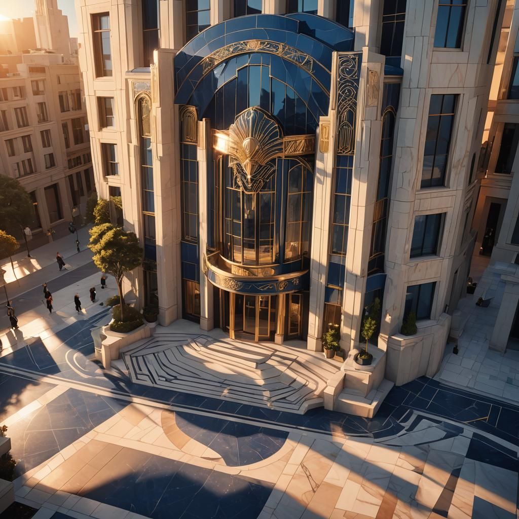 Art Deco Building with Geometric Lines in Manga Style