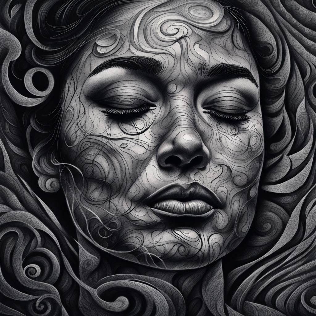 Expressive Charcoal Portrait of Woman with Swirling Emotions