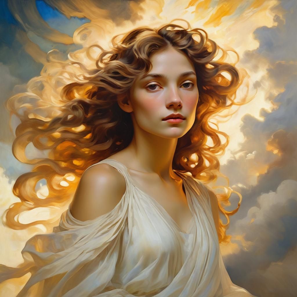 Ethereal Portrait of Woman in Flowing Gown as Oil Painting
