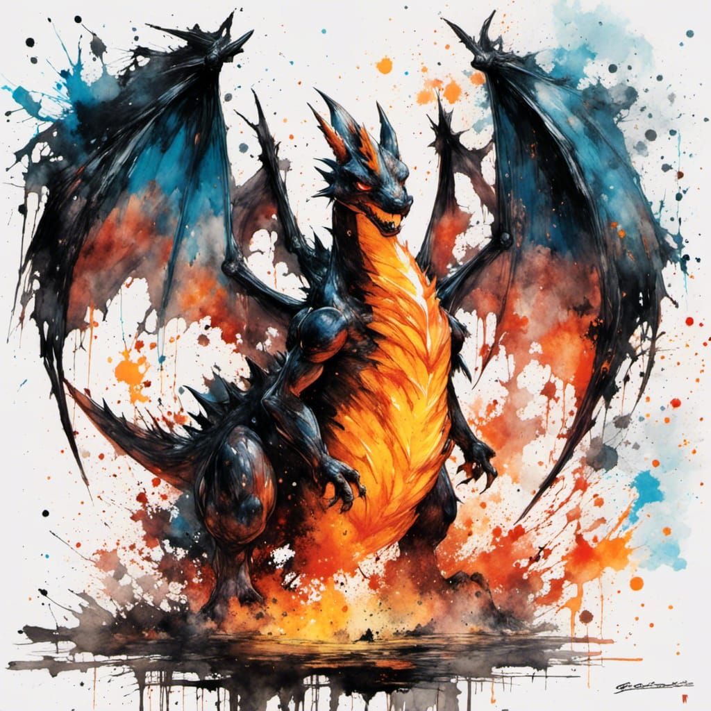 Charizard in Fire as Watercolor Splash Art