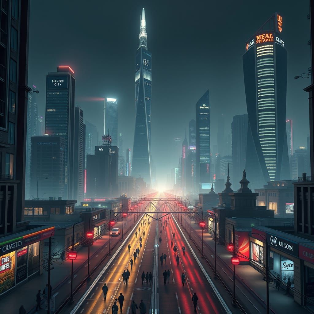 Hyperrealistic Fantasy City Illuminated at Night
