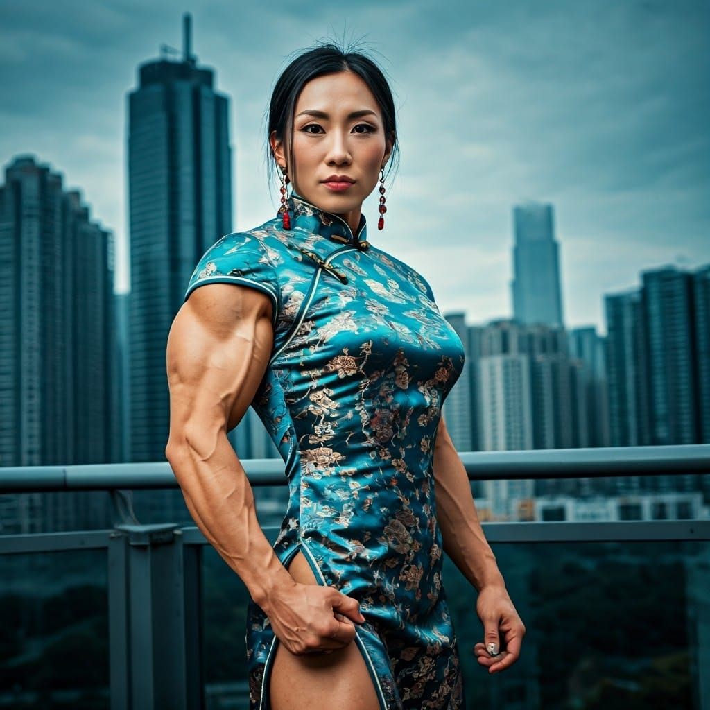 Muscular Chinese Woman on a City Balcony in Traditional Dres...