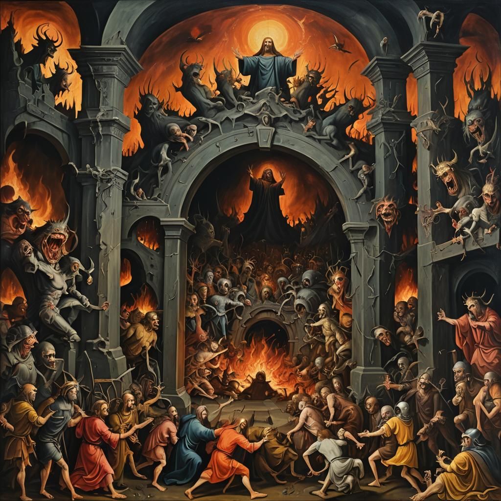 Christ's Descent: A Surreal Oil Painting of Hell