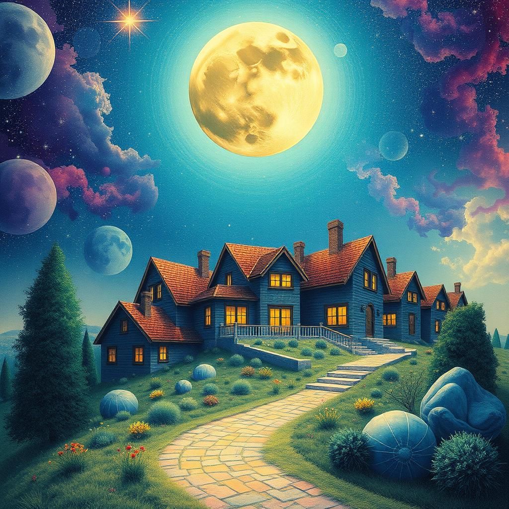 Dreaming Houses Under Celestial Moon: Visionary Art