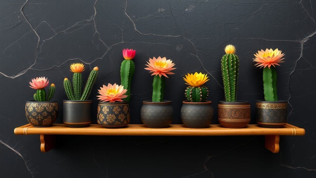 Rare Flowering Cacti on Bamboo Shelf in 8k