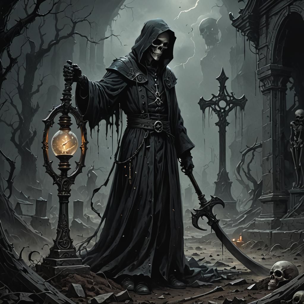 Gothic Scythe Figure with Hourglass in Sepia Tones