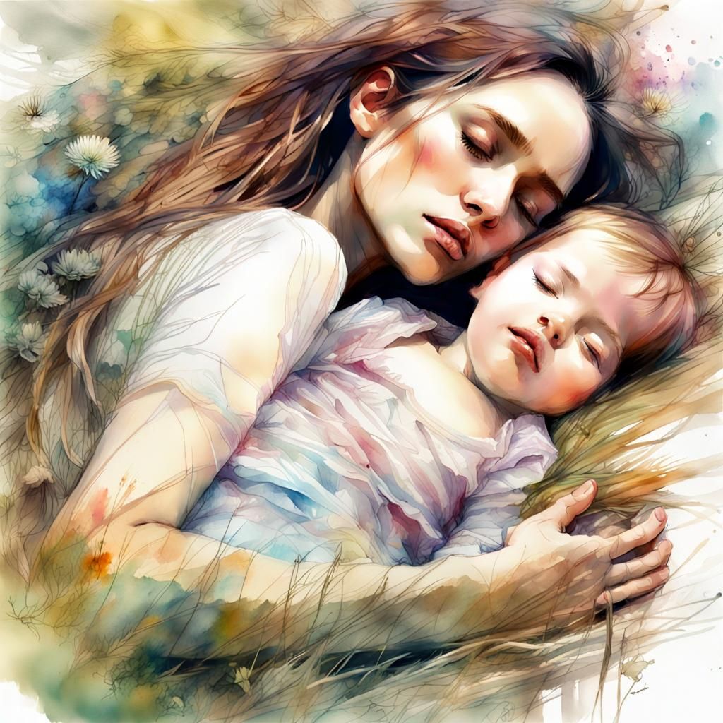 Mother and Baby in Summer Meadow, Watercolor Art