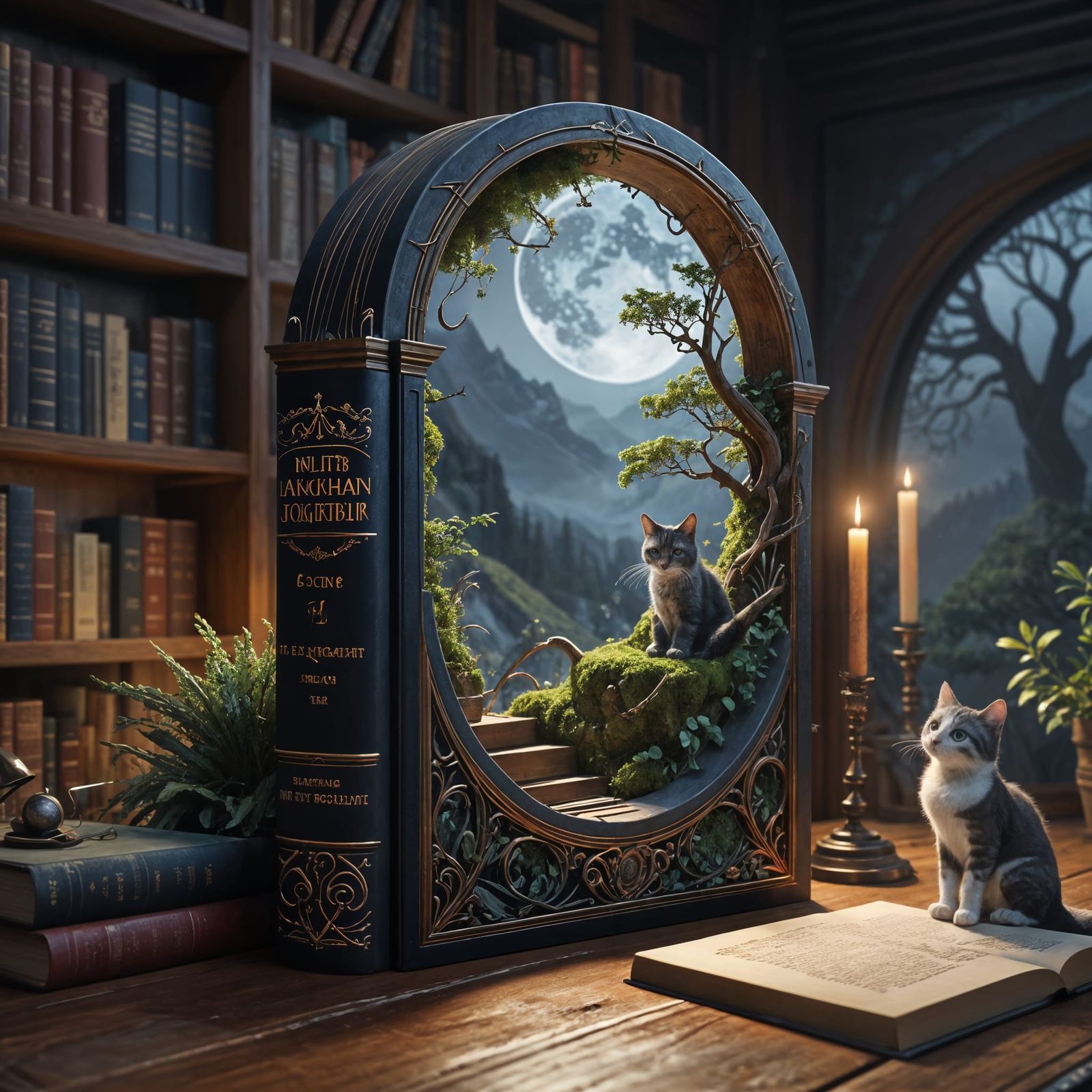 Whimsical Moonlit Library of Scholarly Kittens
