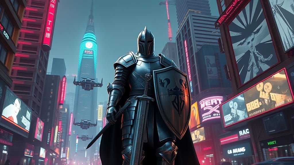 Knight in Cyberpunk Cityscape, Hyperdetailed Rendering