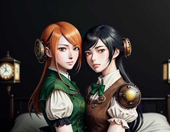Anime Twin Sisters Kiss in Steampunk Uniforms