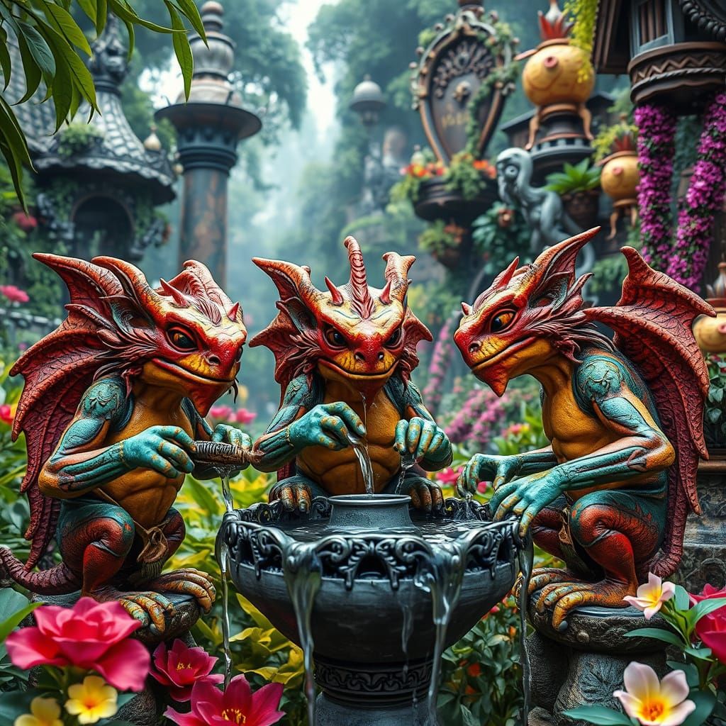 Whimsical Gargoyles Bathing in a Surreal Garden