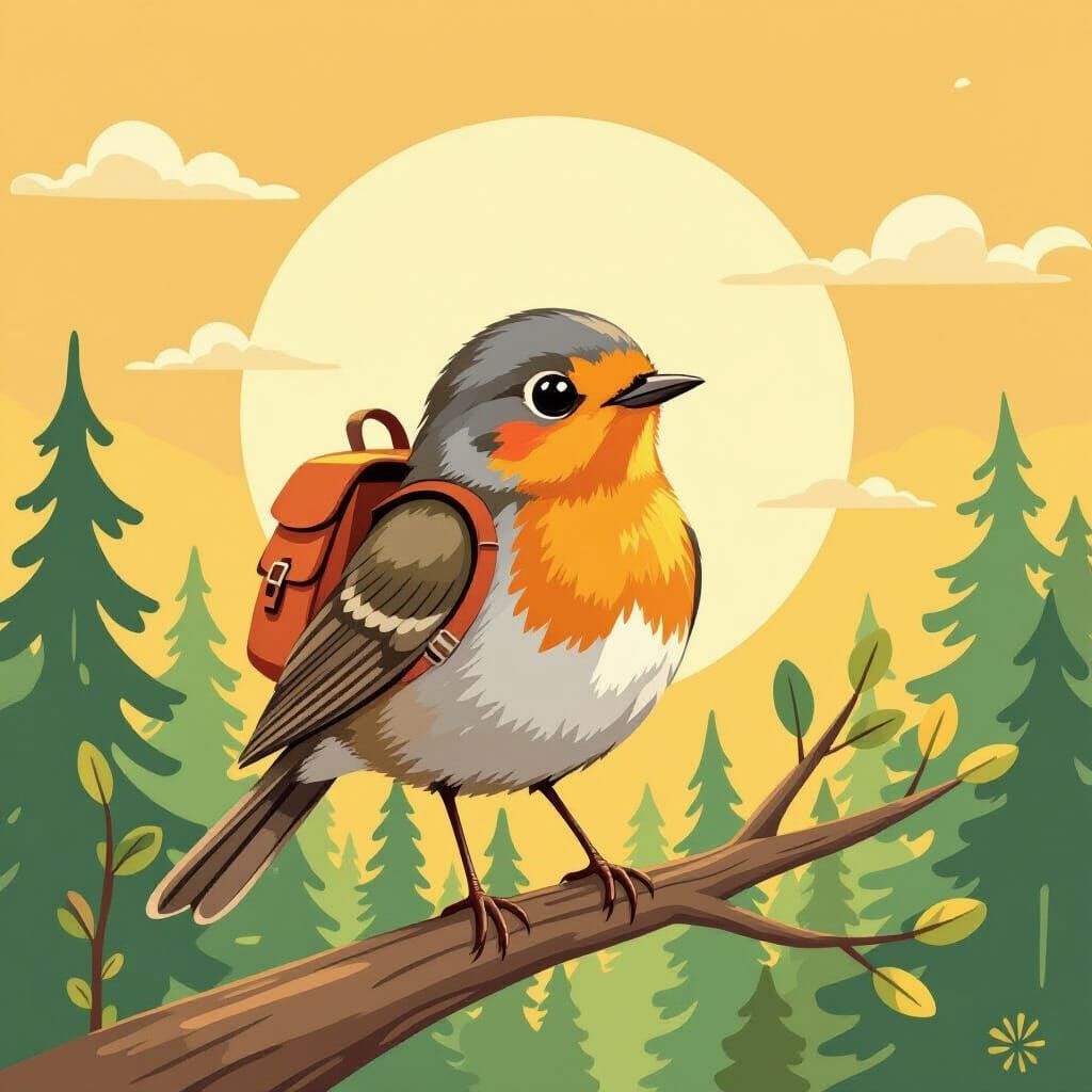 Robin with Backpack in Children's Illustration Style
