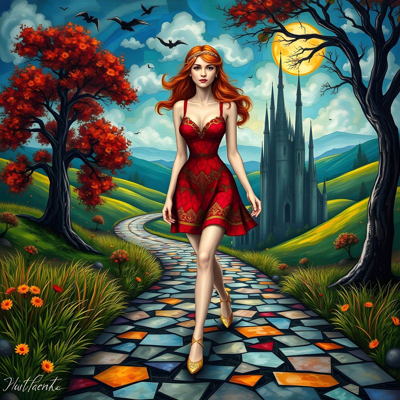 Surreal Goddess Embarks on Whimsical Quest in Mosaic Art