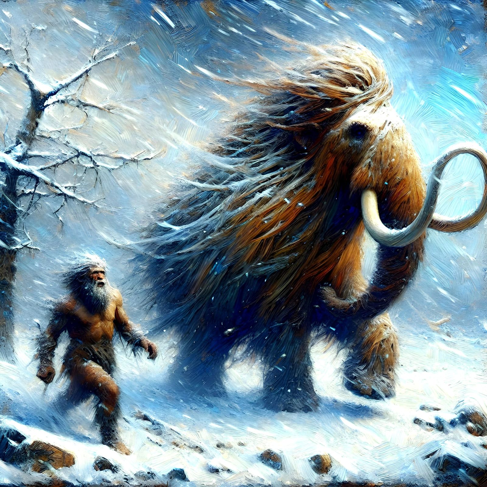 Neanderthal and Mammoth in Snowy Oil Painting