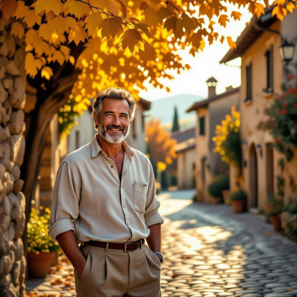 Tuscan Village Autumn Scene in 1950s Poster Style