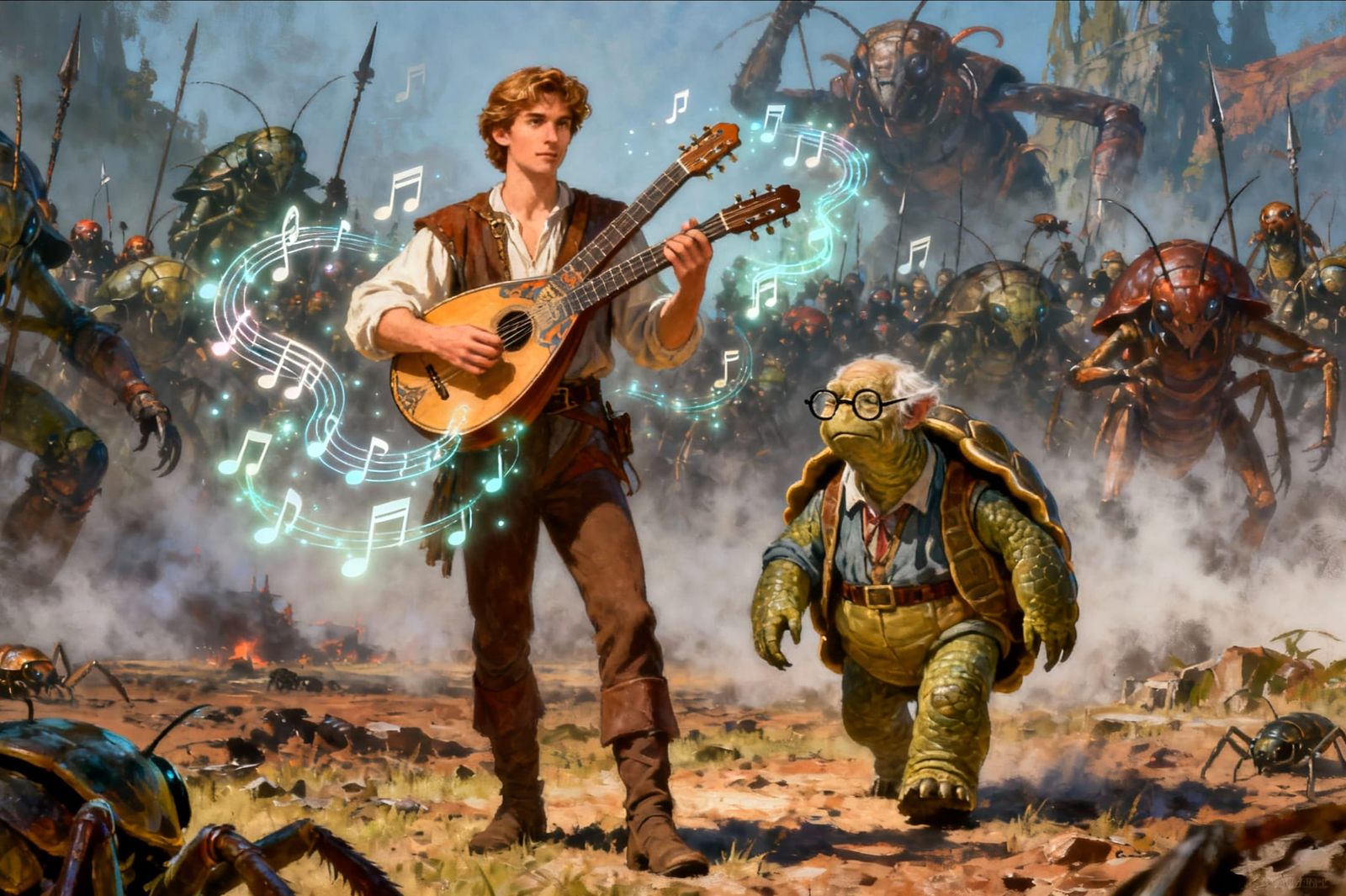 Fantasy Warrior Jon-Tom and Wizard Tortoise on Battlefield