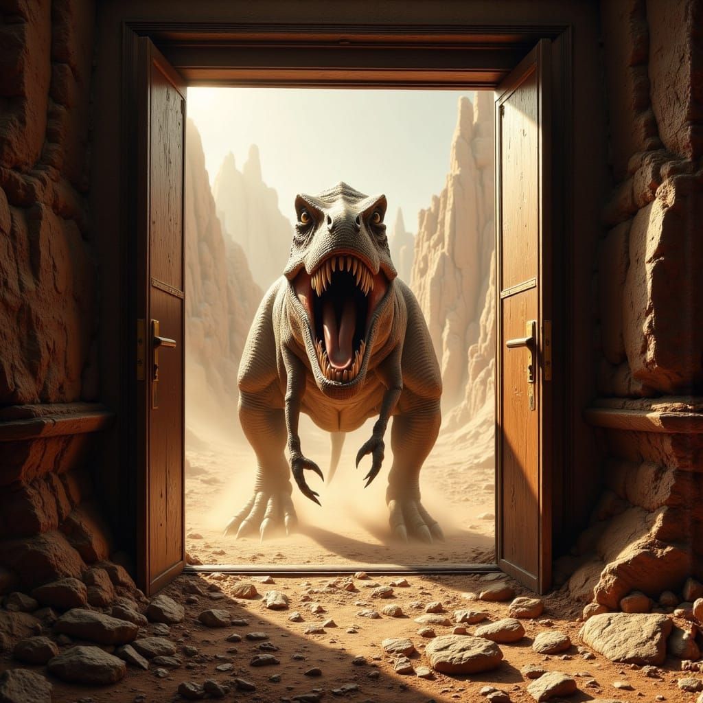 T-Rex Charge from Elevator in Hyperrealistic Style