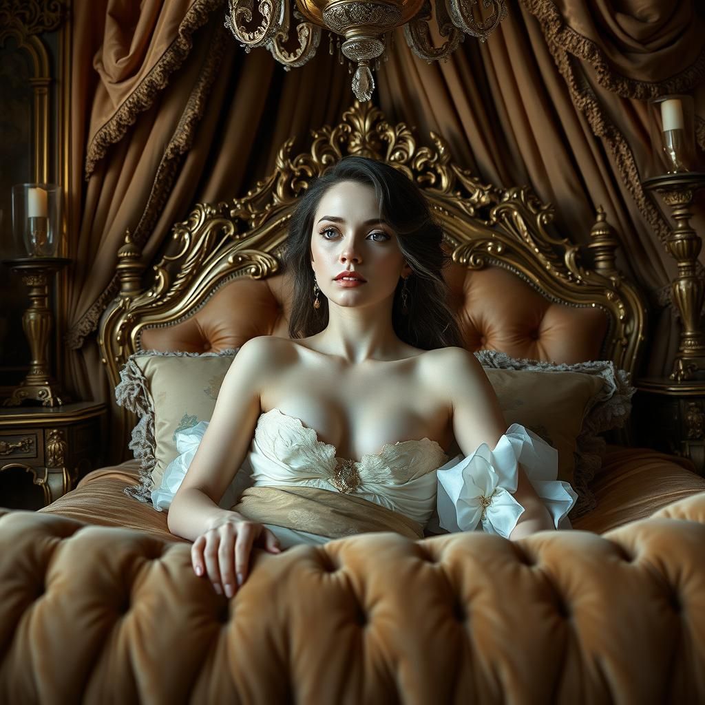 Woman in Lavish Bedroom in Regency Style