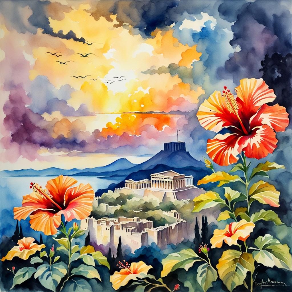Golden Acropolis in Stormy Sunshine: Watercolour Painting
