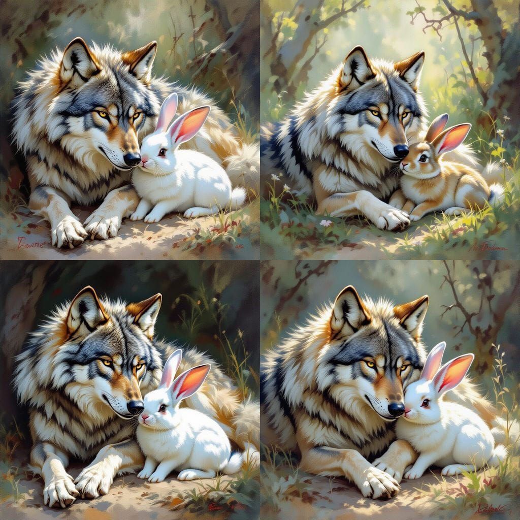 A wolf lies down with a rabbit. They are friends. gossamer h...