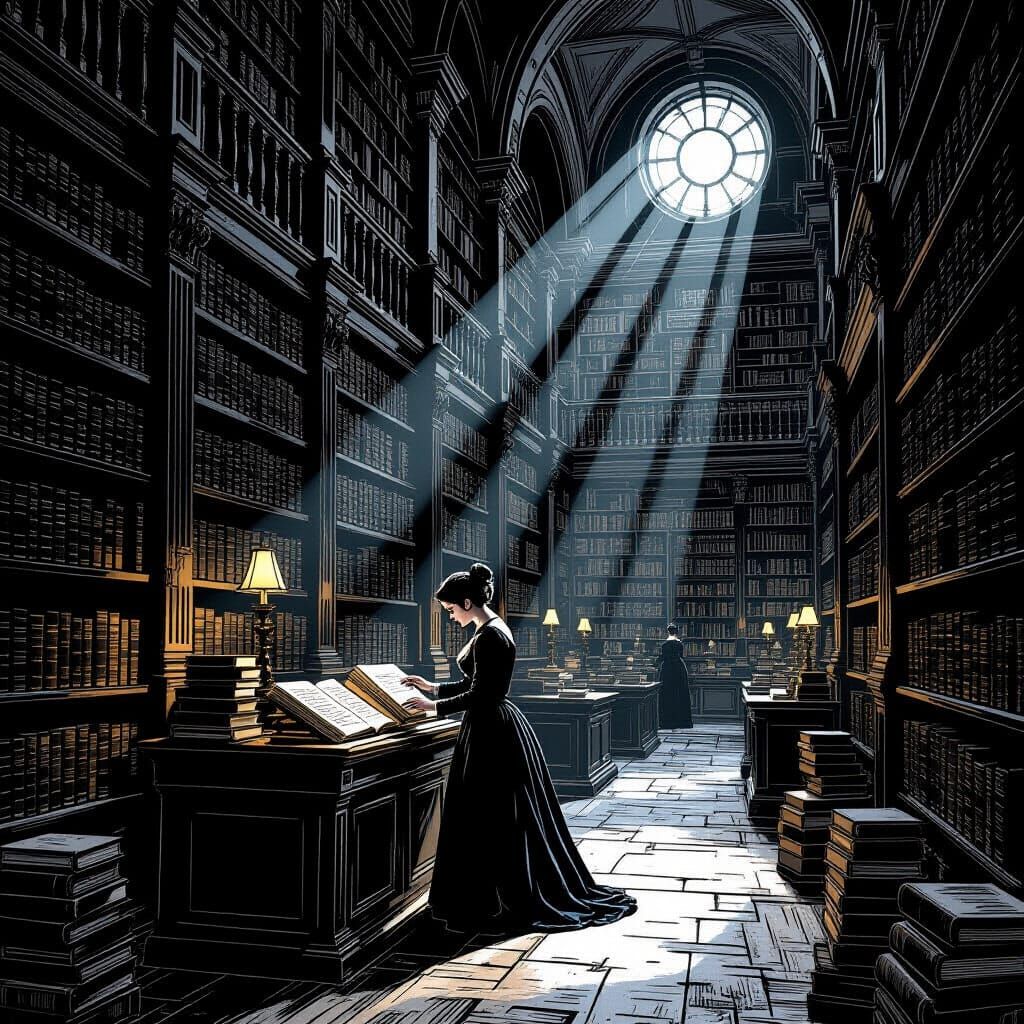 Librarian Organizing Ancient Tomes in Moonlit Gothic Library