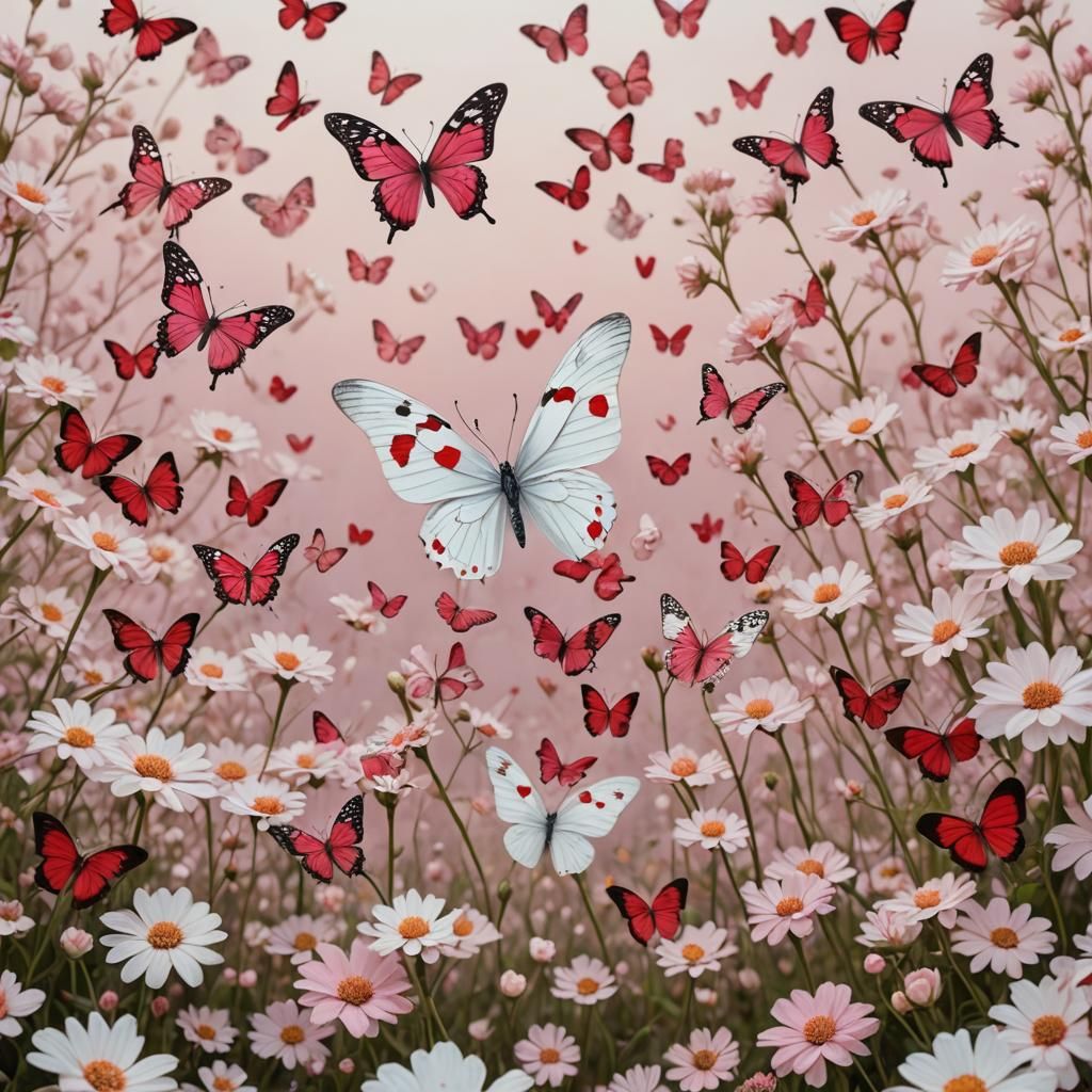 Butterfly with Heart Adorned Wings in Romantic Landscape
