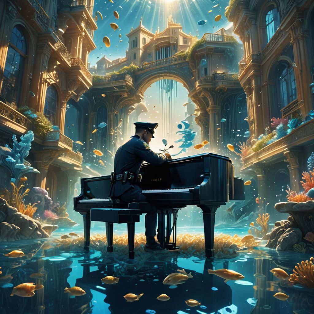Underwater Police Officer Plays Piano: Cinematic Art