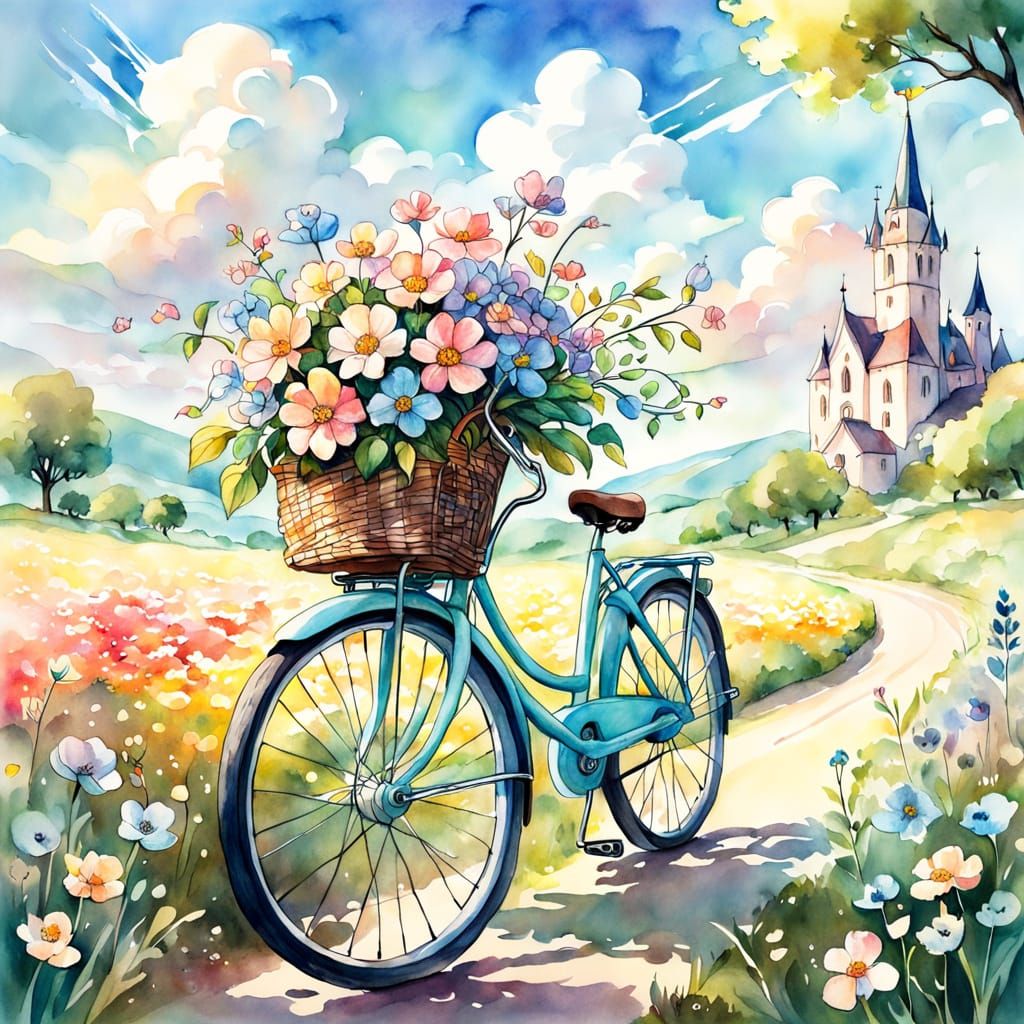Whimsical Flower Bike in Watercolor Sketch Style