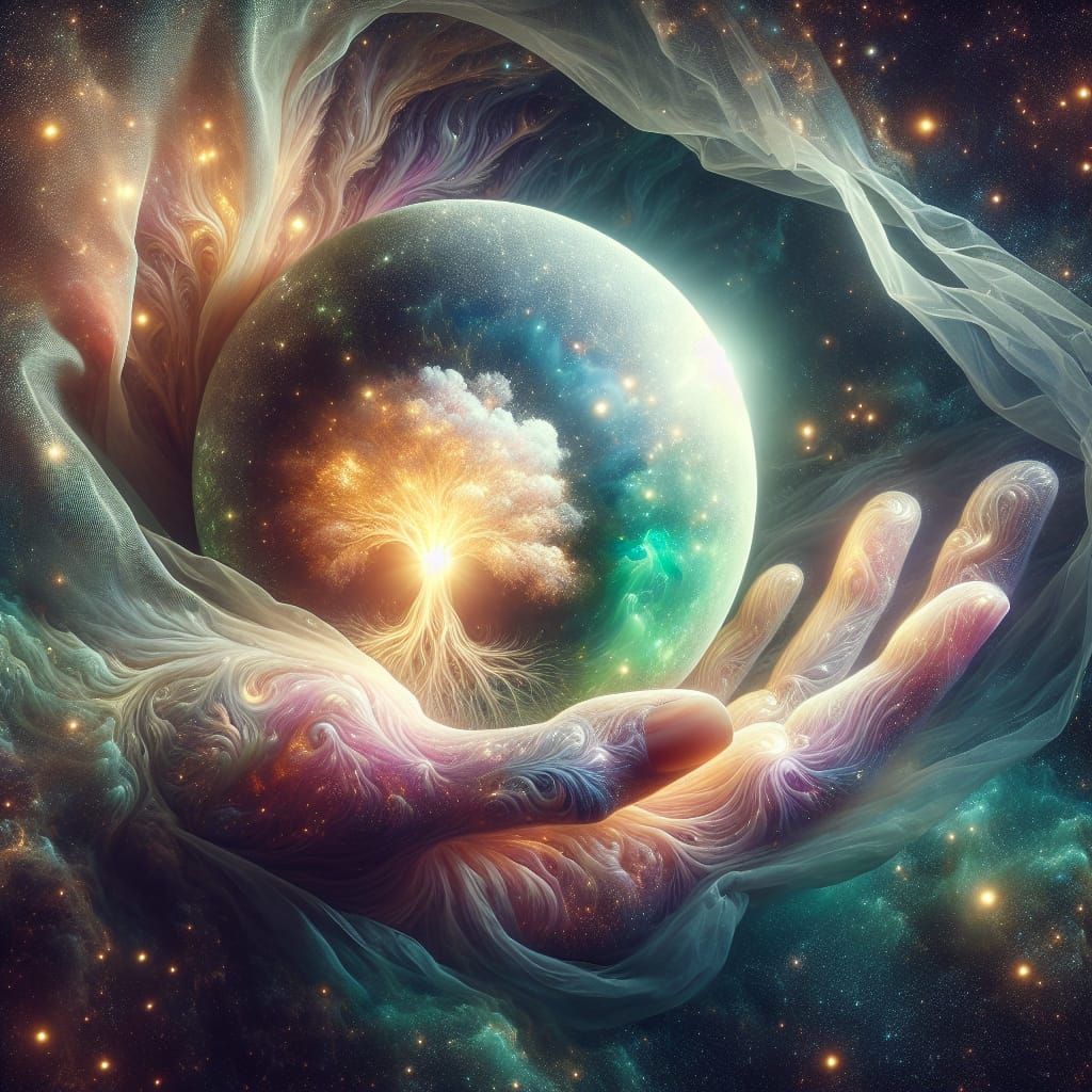 Celestial Hand Holding Orb in Deep Space