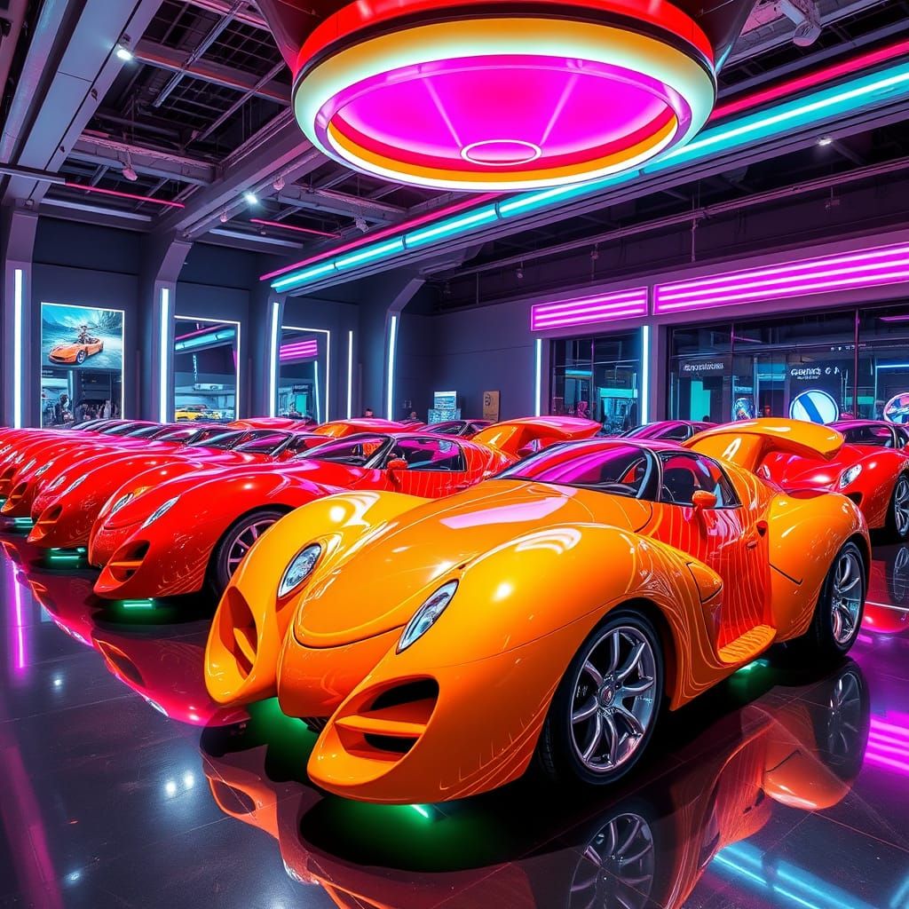Prawn-Shaped Cars in Futuristic Exhibition Hall