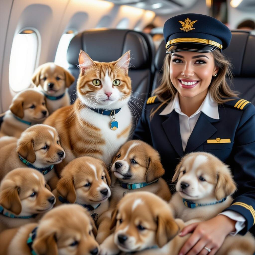 Cat Steward on Puppy Airplane: AI Generated Image