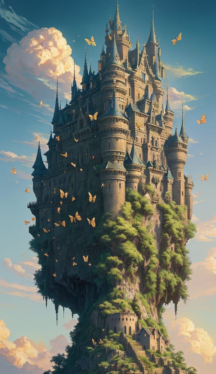 Golden Butterflies Surround Sky Castle