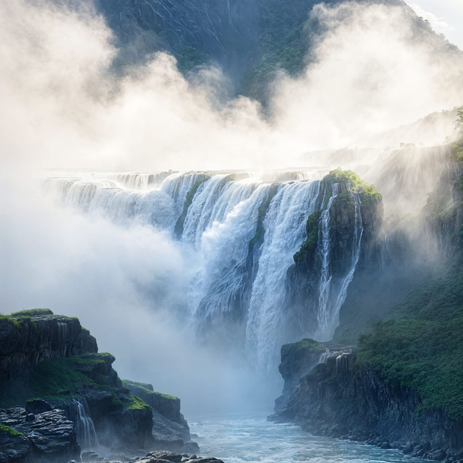 Majestic Waterfall in Misty Sunlight - Ultra-Realistic Photo