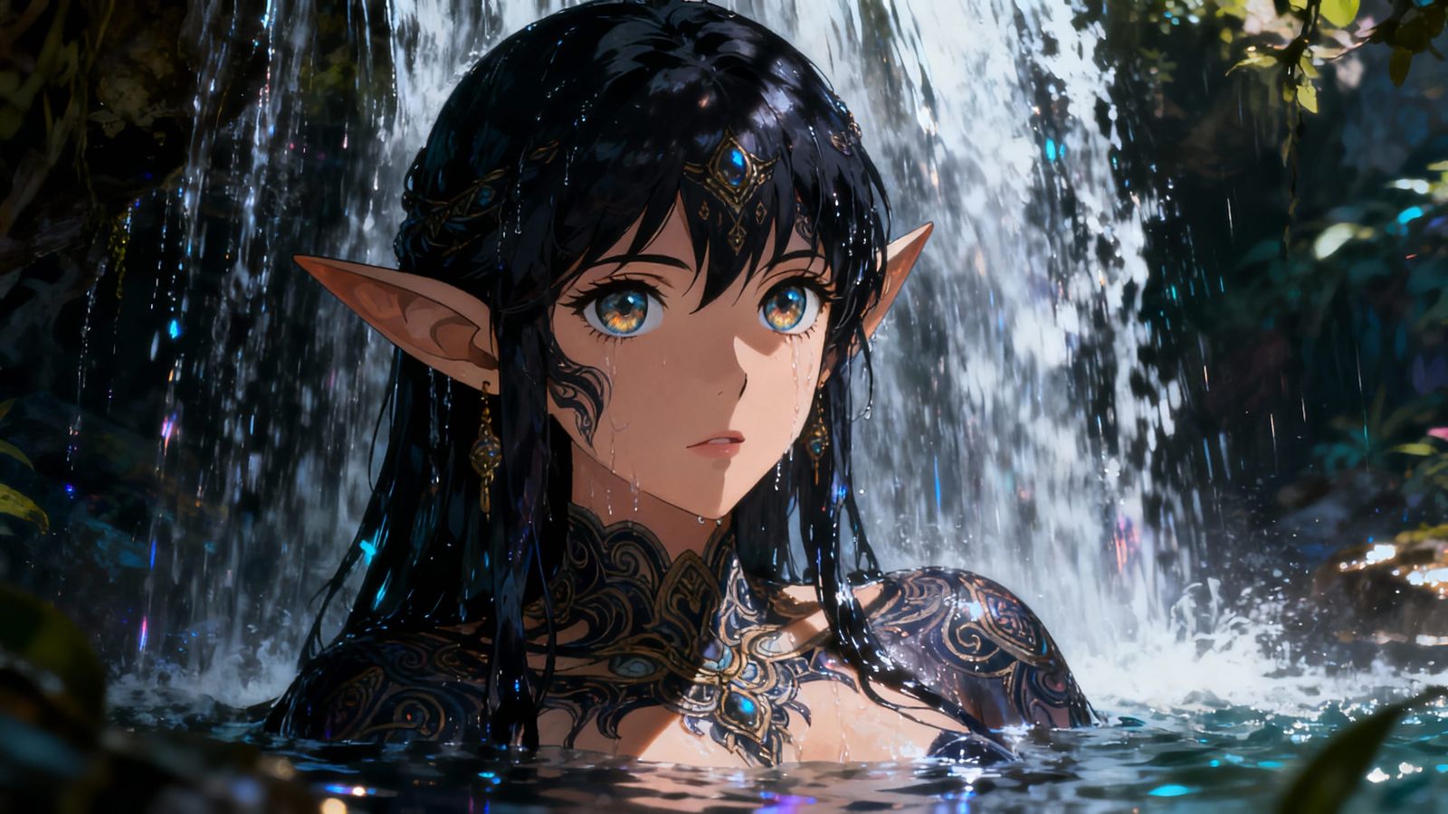 Anime Dark Elf Goddess in Waterfall, Hypermaximalist Style