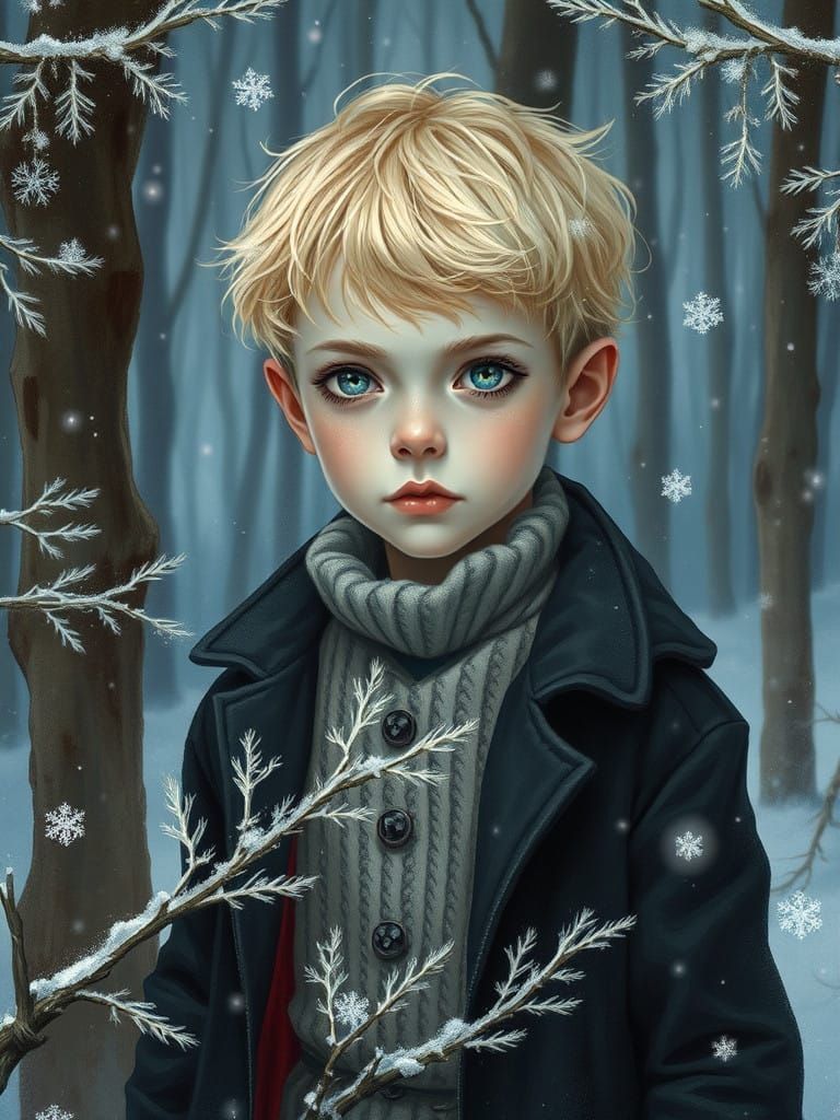 Mysterious Vampire Boy in Snowy Forest Landscape