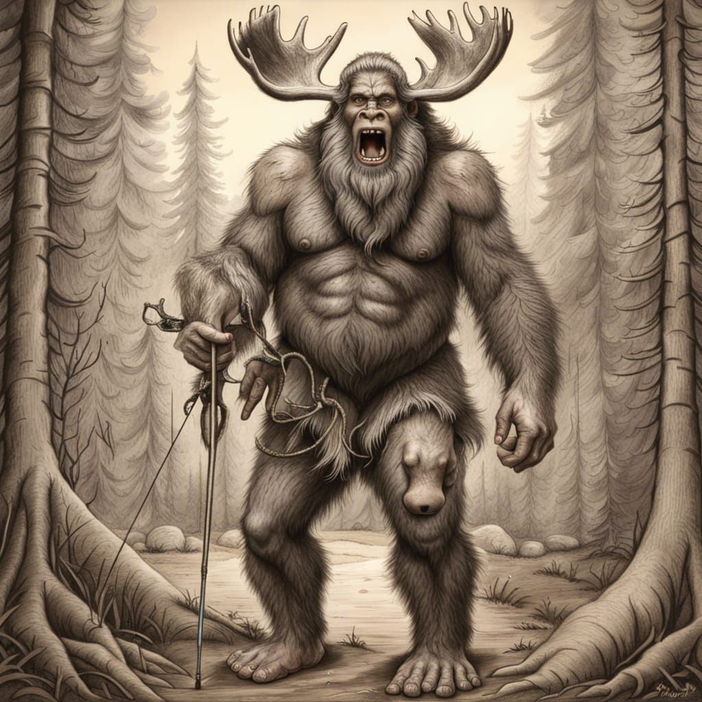 the epically hairy bigfoot stood bravely with his bow in his mighty hand over the epic moose he had shot with a bow & ar...